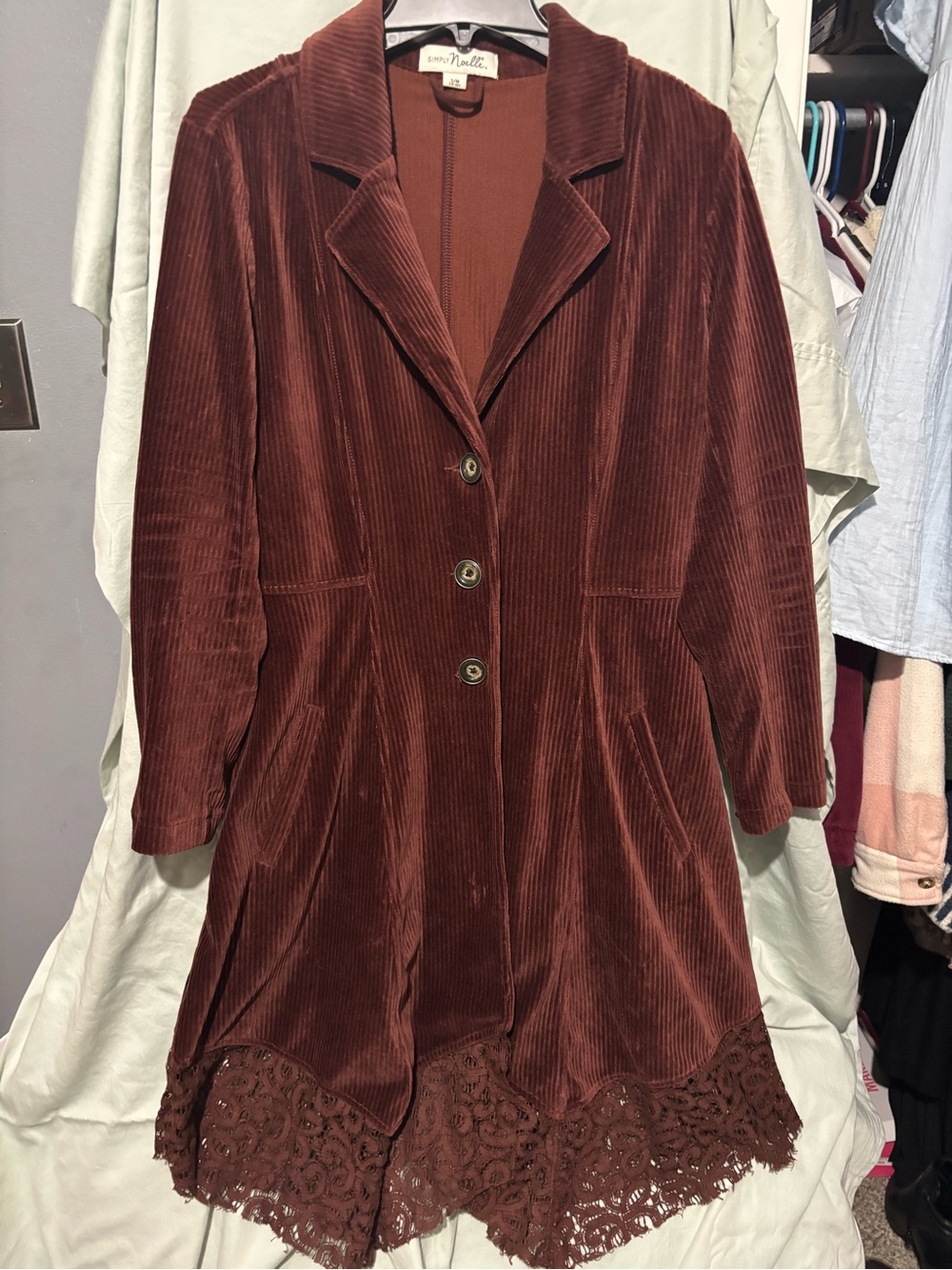 Simply Noelle Rust Corduroy Trench Coat with Lace Trim